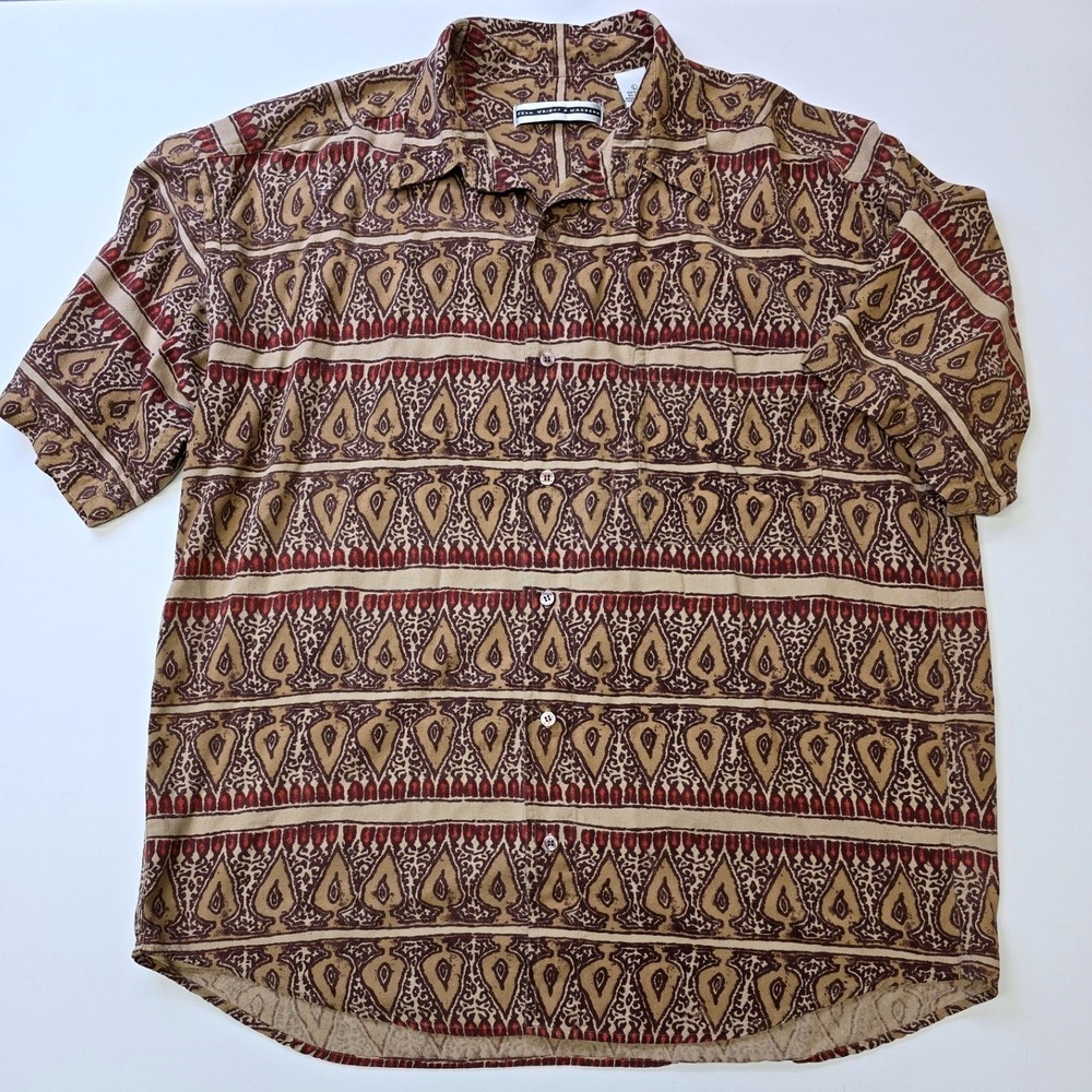 Fenn Wright & Manson Mens Large 100% Silk Short Sleeve Button Up Shirt Brown Tan